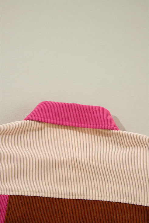Colorblock Curved Hem Corduroy Shacket with Pocket